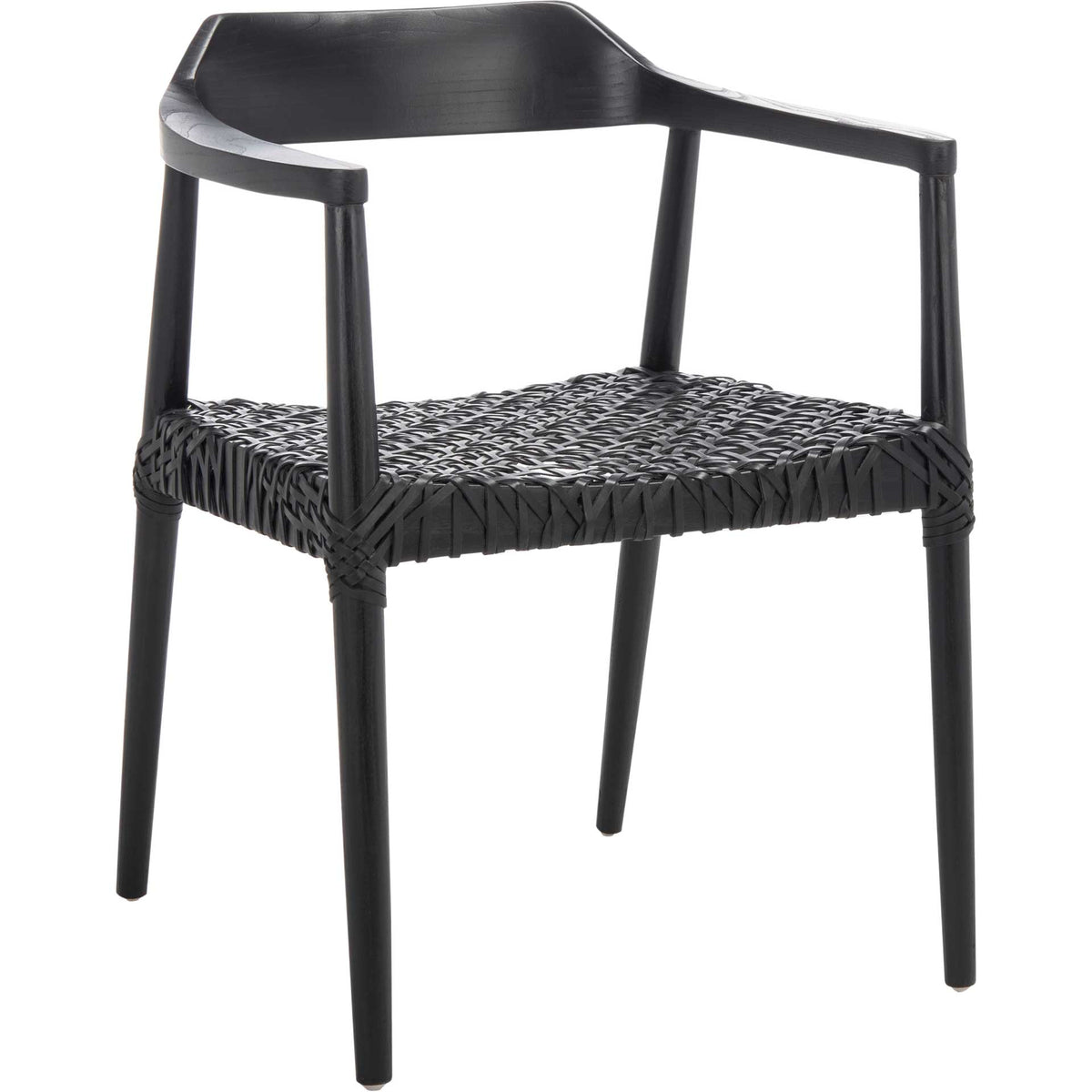 Sculpted black wood arms frame a woven leather seat with crisscrossed edge wraps || ACH1005B || front_angle_studio