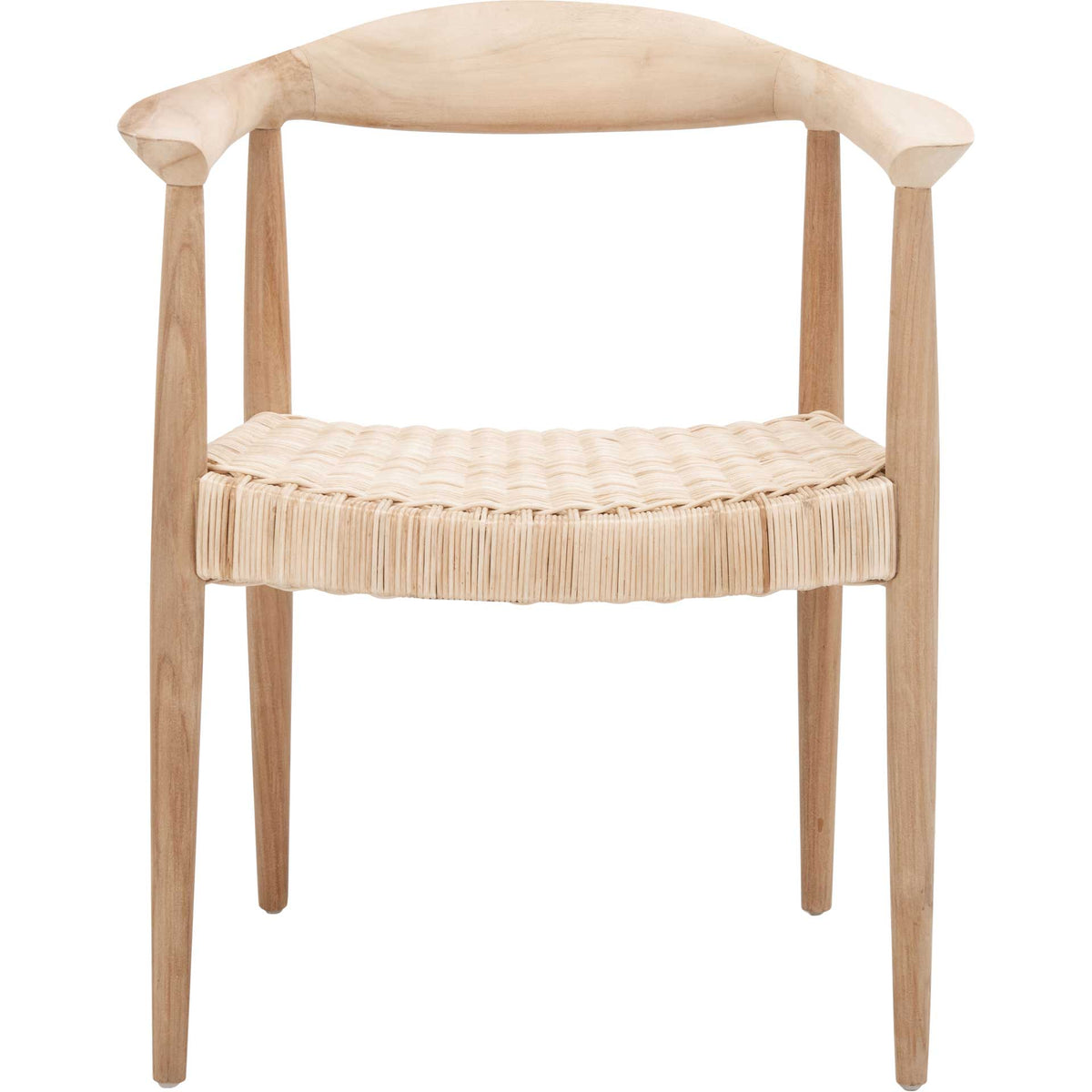 A gently curved teak backrest and open arms frame the woven rattan seat and slender legs. || ACH1006A || front_studio