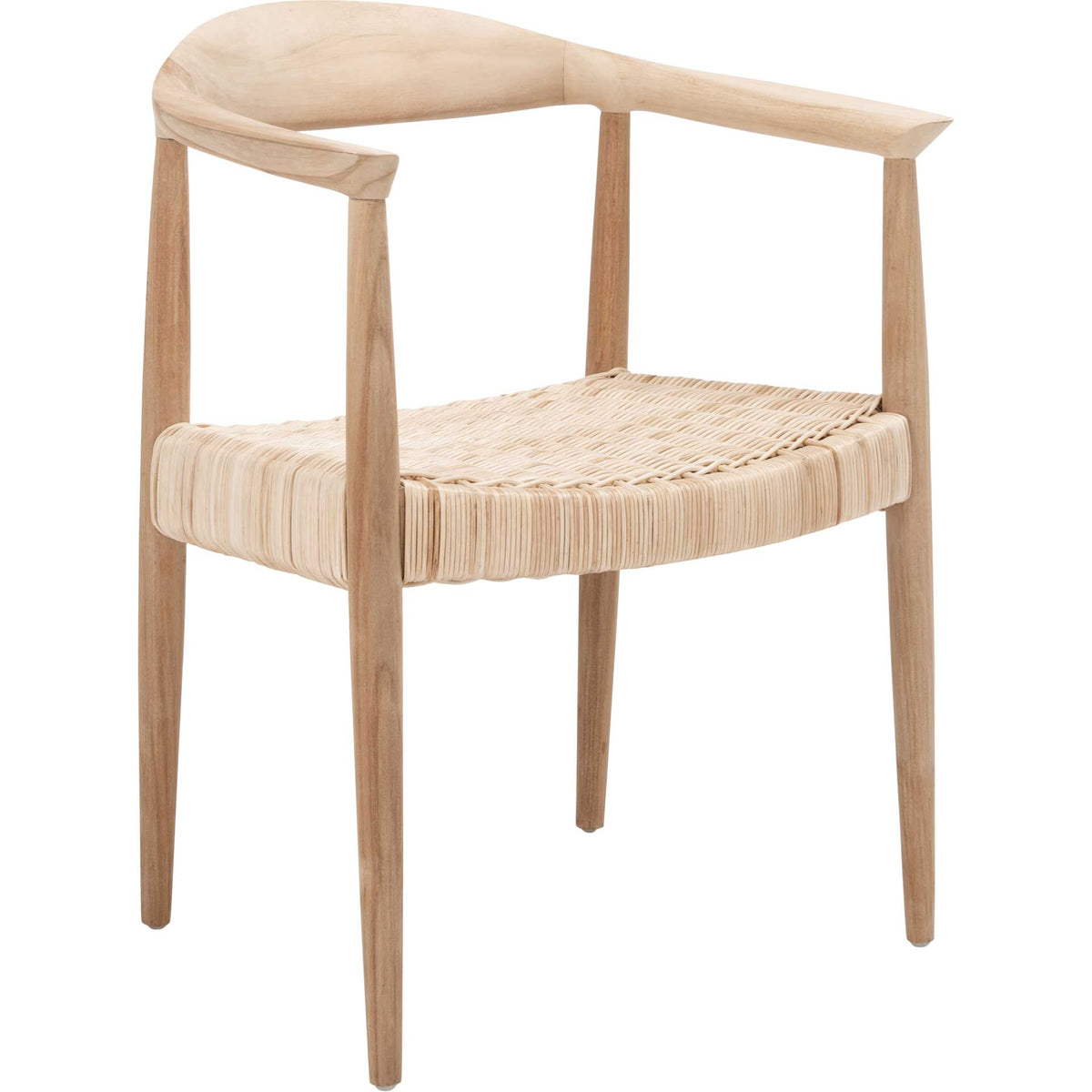 Natural teak and woven rope rattan form an airy accent chair with a sculpted backrest and open arms. || ACH1006A || front_angle_studio