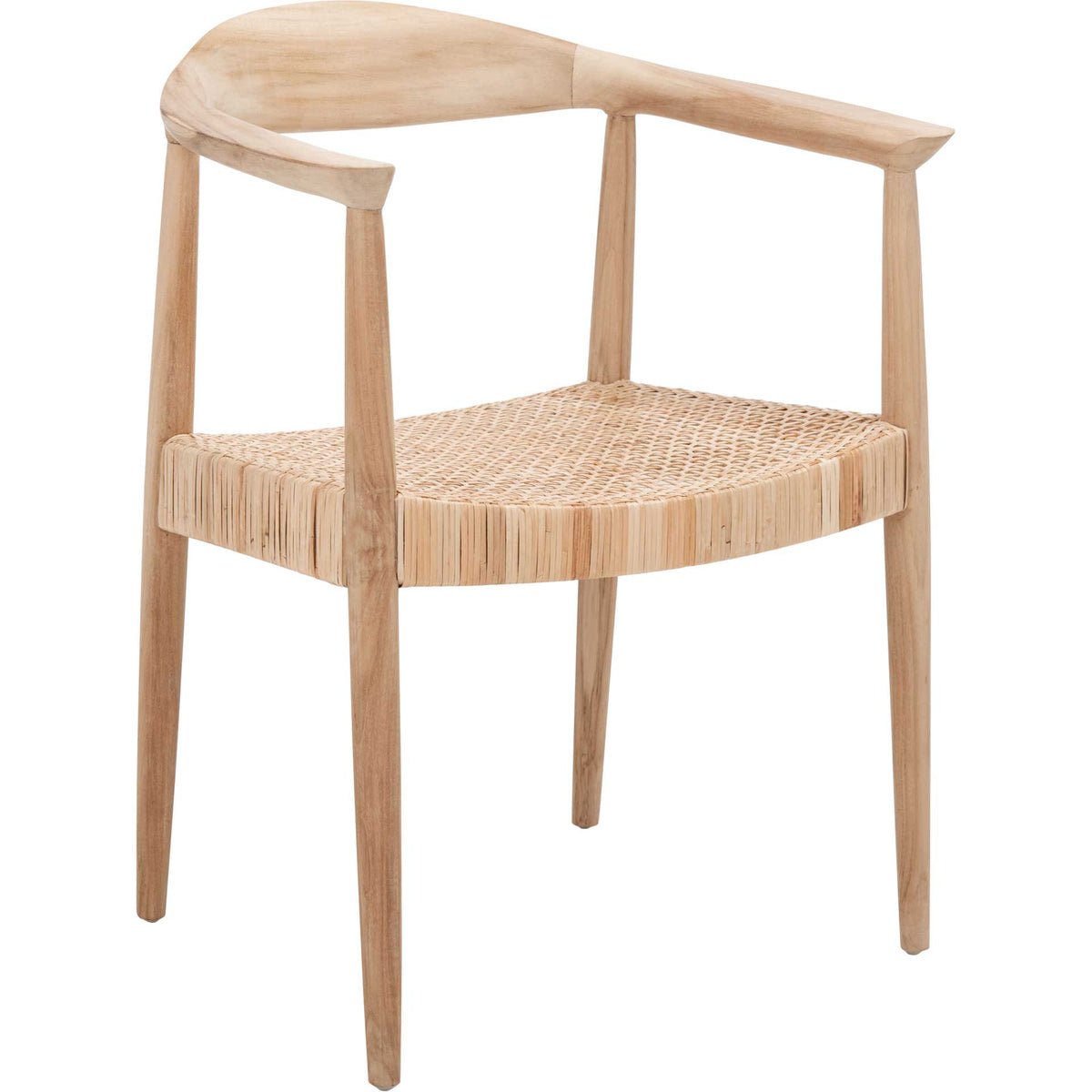 Natural teak frame curves around a woven rattan seat on slender legs || ACH1007A || front_angle_studio