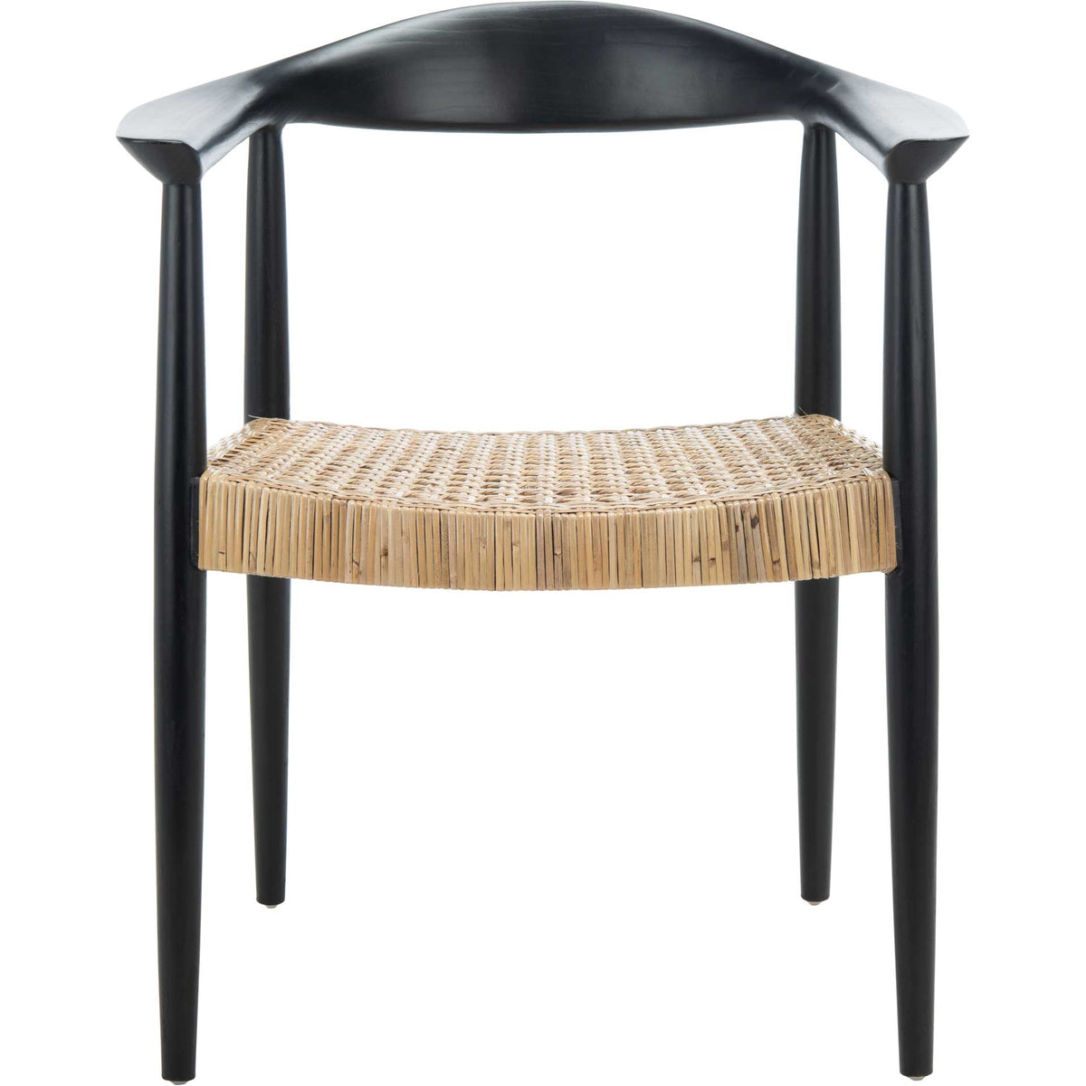 Curved black wood backrest and arms pair with a natural woven rattan seat || ACH1008A || front_studio