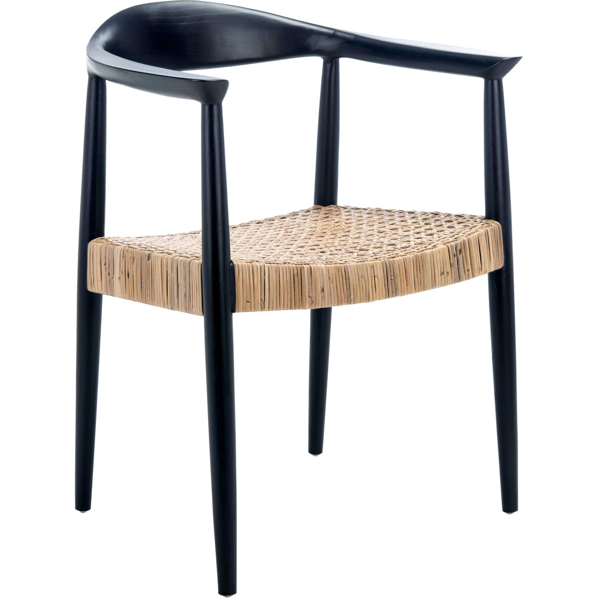 Sculpted black wood arms frame a woven natural rattan seat atop slim legs || ACH1008A || front_angle_studio