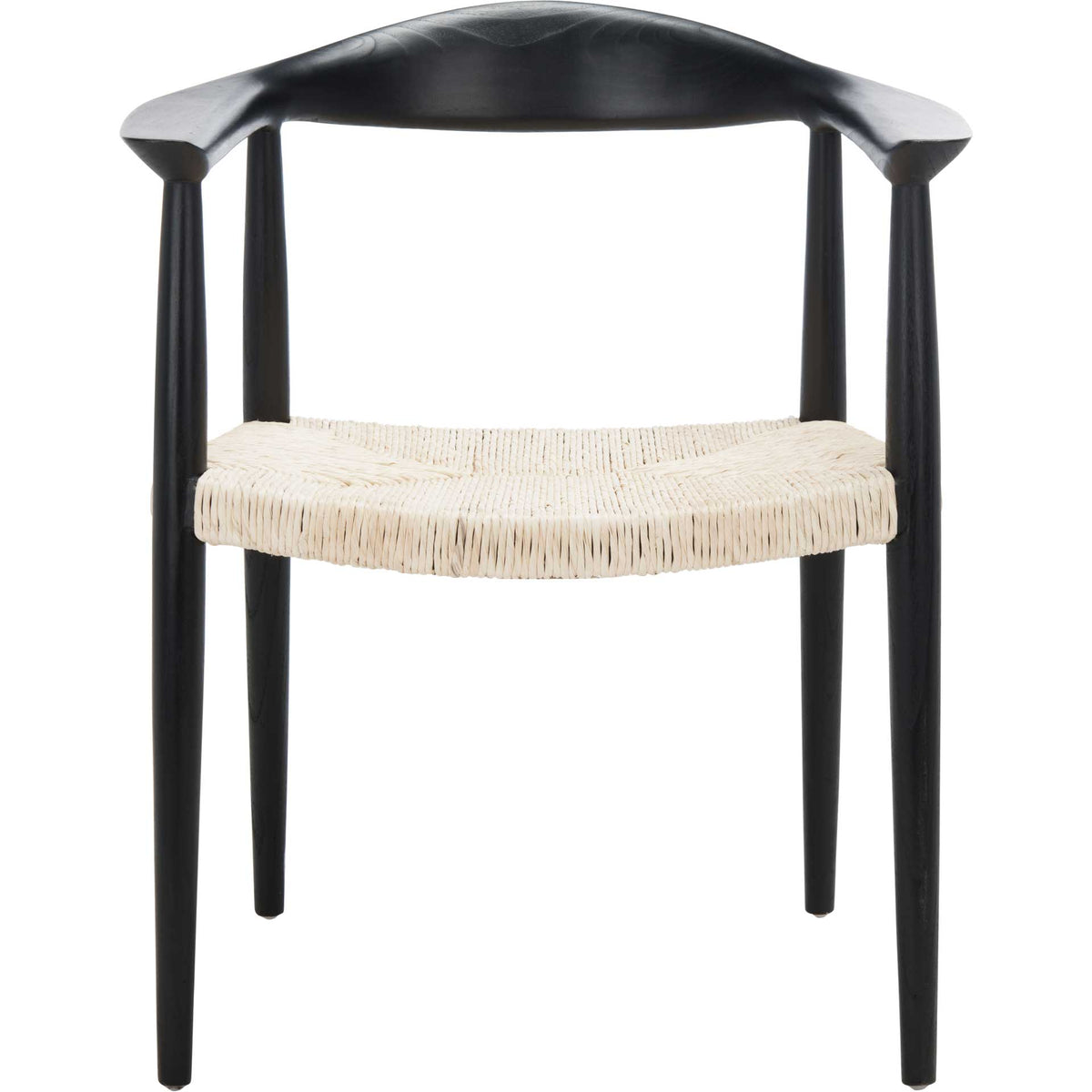 Curved black wood arms frame a natural woven rattan seat above four tapered legs. || ACH1009A || front_studio