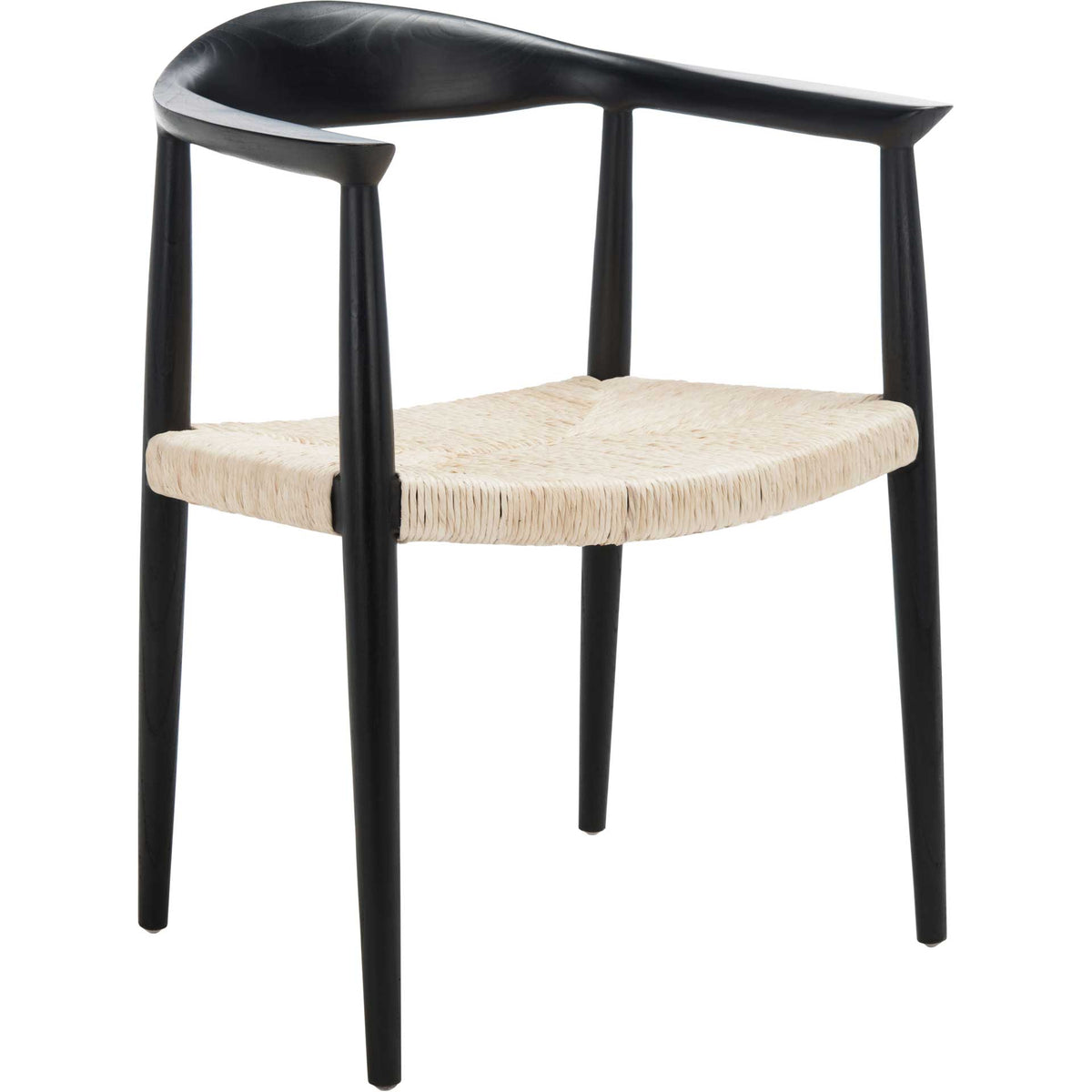 A sweeping black wood back flows into slim arms above a light woven rattan seat. || ACH1009A || front_angle_studio