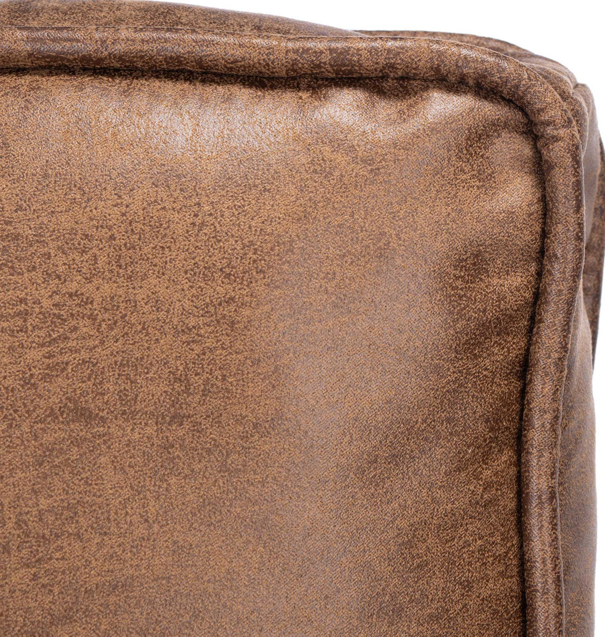 Mottled brown upholstery and piped cushion edges add warm texture and a tailored finish