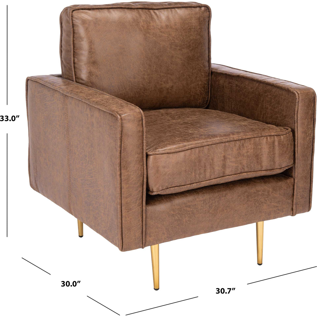 Brown accent chair measures 30 by 30.7 by 33 inches, pairing generous cushions with slender gold legs