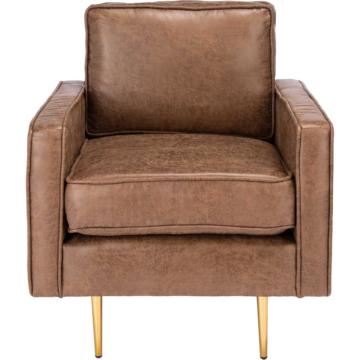 A wide cushioned seat and padded back sit between clean-lined brown upholstered arms || ACH2000A || front_studio