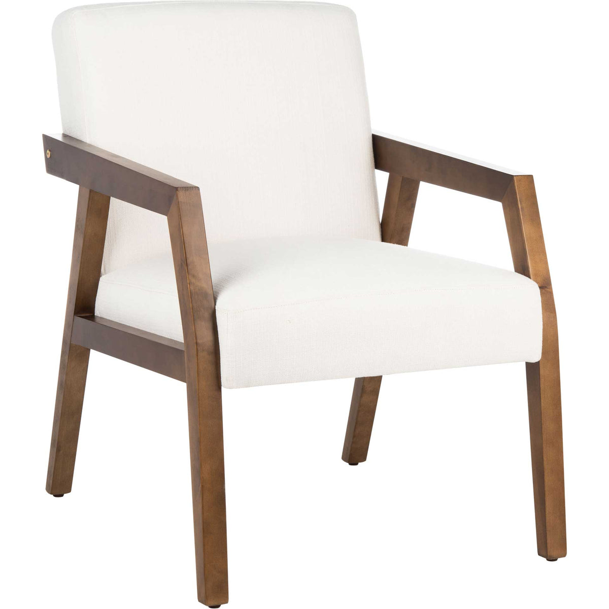 Plush white cushions and a gently angled back sit within a sculpted brown wood frame || ACH4000A || front_angle_studio
