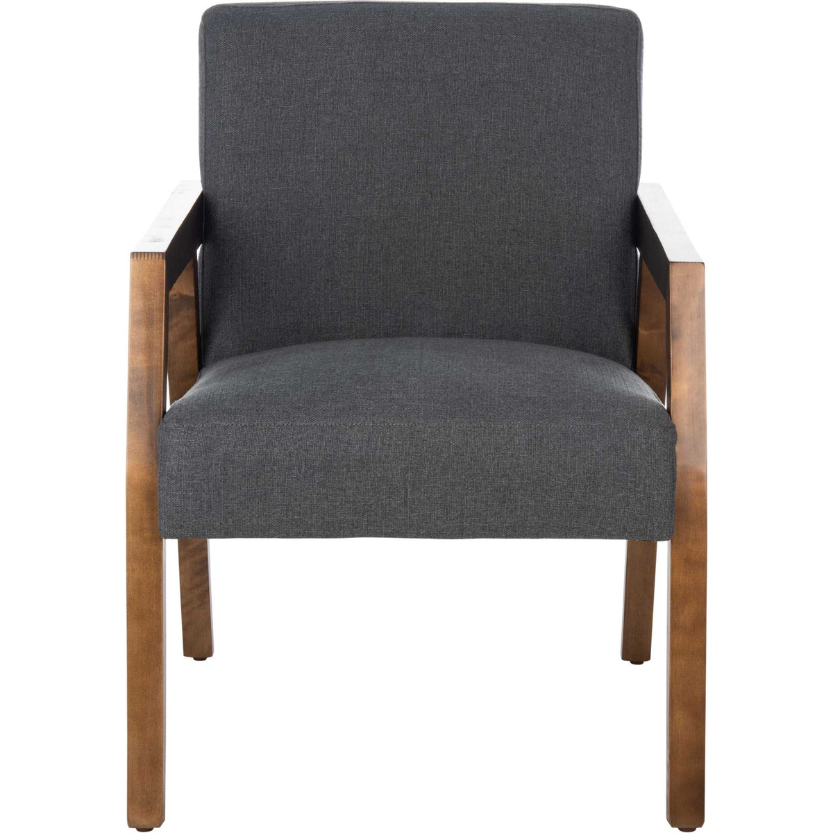 Textured dark gray upholstery is framed by squared brown wood arms and slender legs || ACH4000B || front_studio