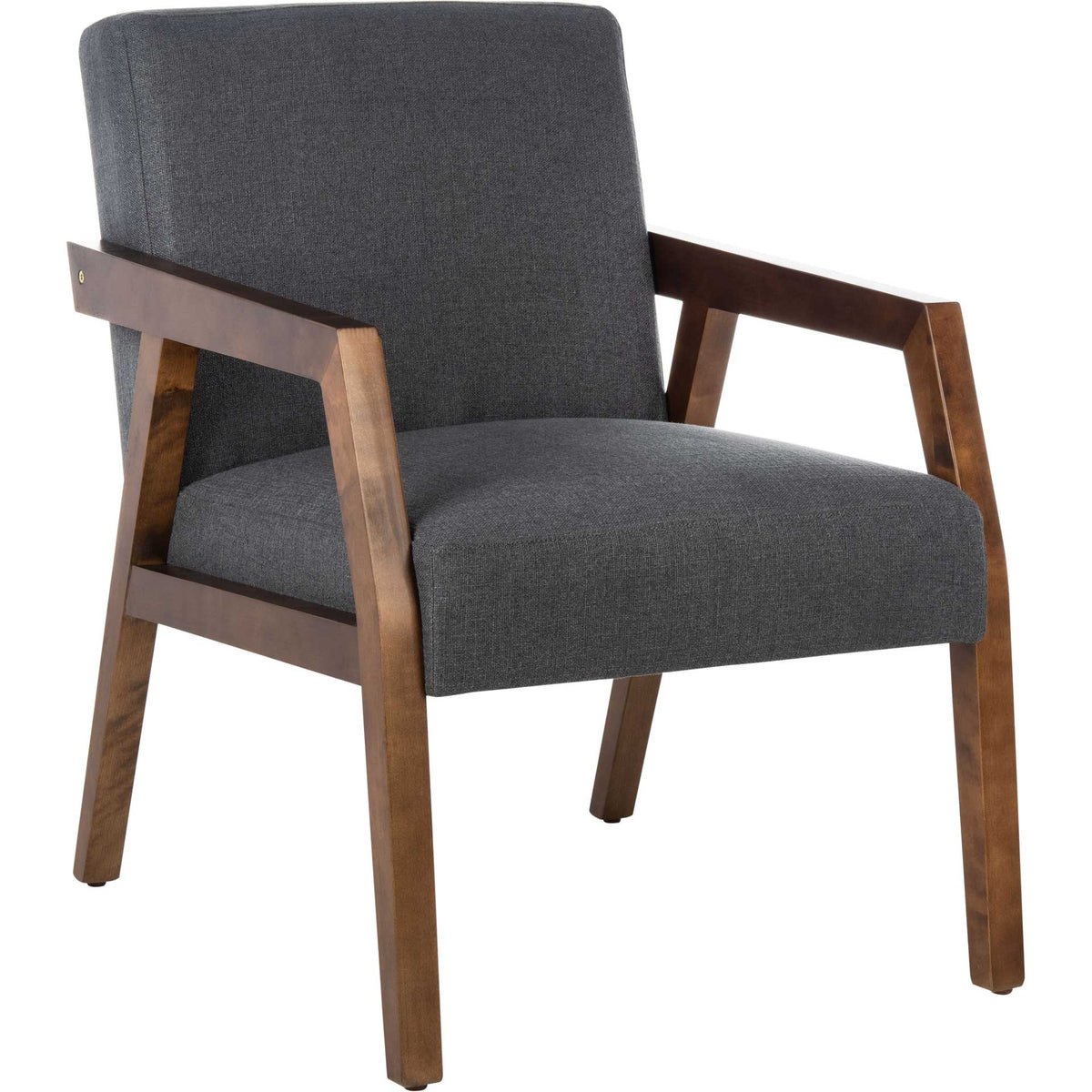 Deep gray cushioned seat and gently angled back pair with a warm brown wood frame || ACH4000B || front_angle_studio