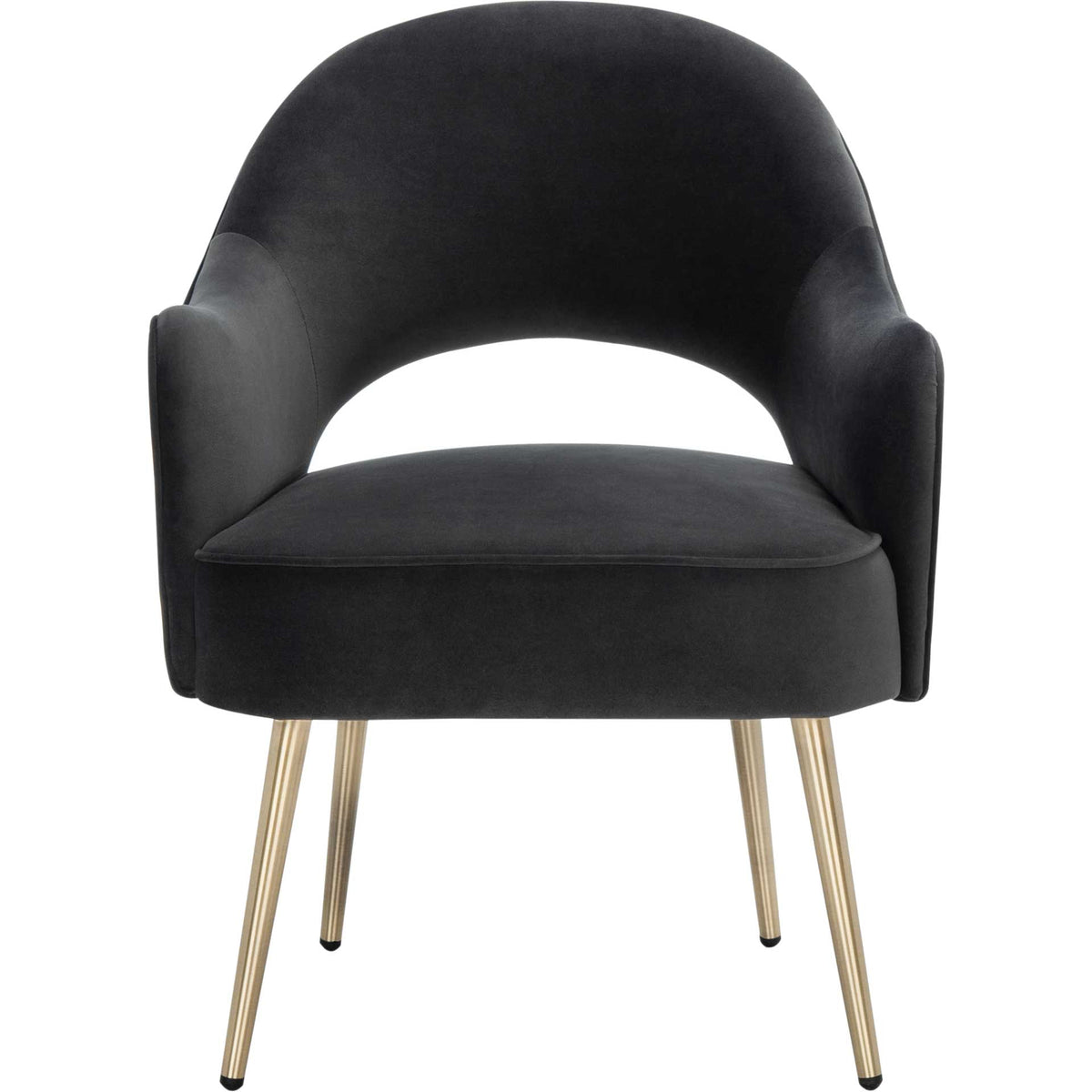Soft black velvet covers a cushioned seat framed by sculpted arms and an open back || ACH4001E || front_studio