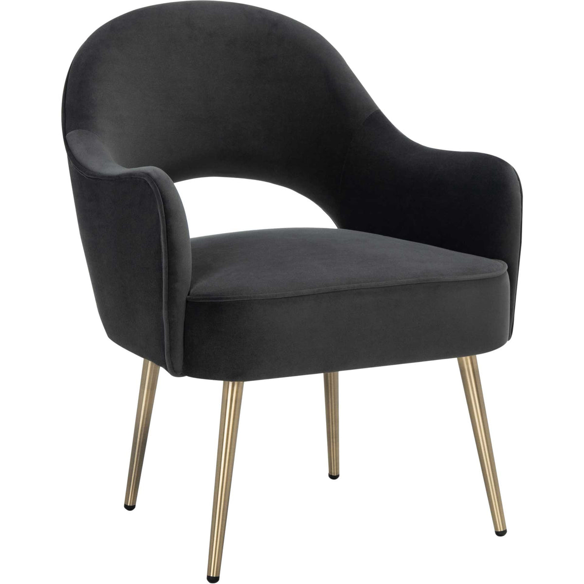 Black velvet accent chair pairs a rounded cutout back with slender gold legs || ACH4001E || front_angle_studio