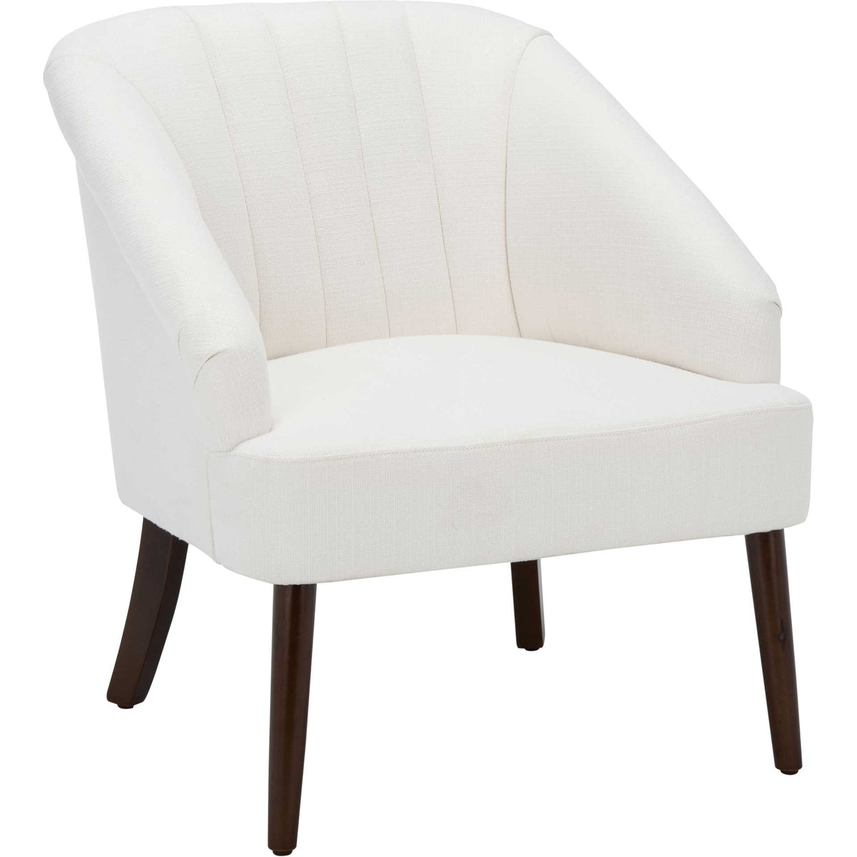 White fabric wraps a curved, channel-tufted back above a cushioned seat and dark wood legs || ACH4002A || front_angle_studio