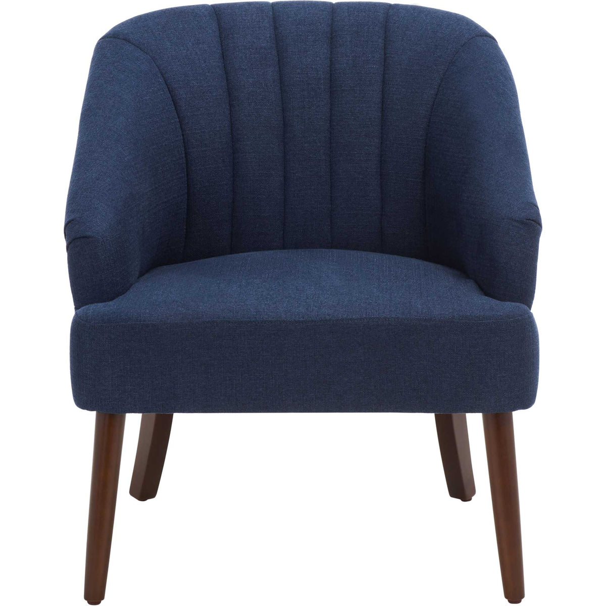 A cushioned navy seat nestles within a flared, channel-tufted back and rounded arms || ACH4002B || front_studio