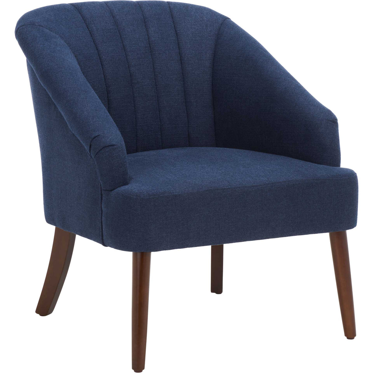 Navy upholstery wraps a channel-tufted back and curved arms above tapered walnut-finished legs || ACH4002B || front_angle_studio