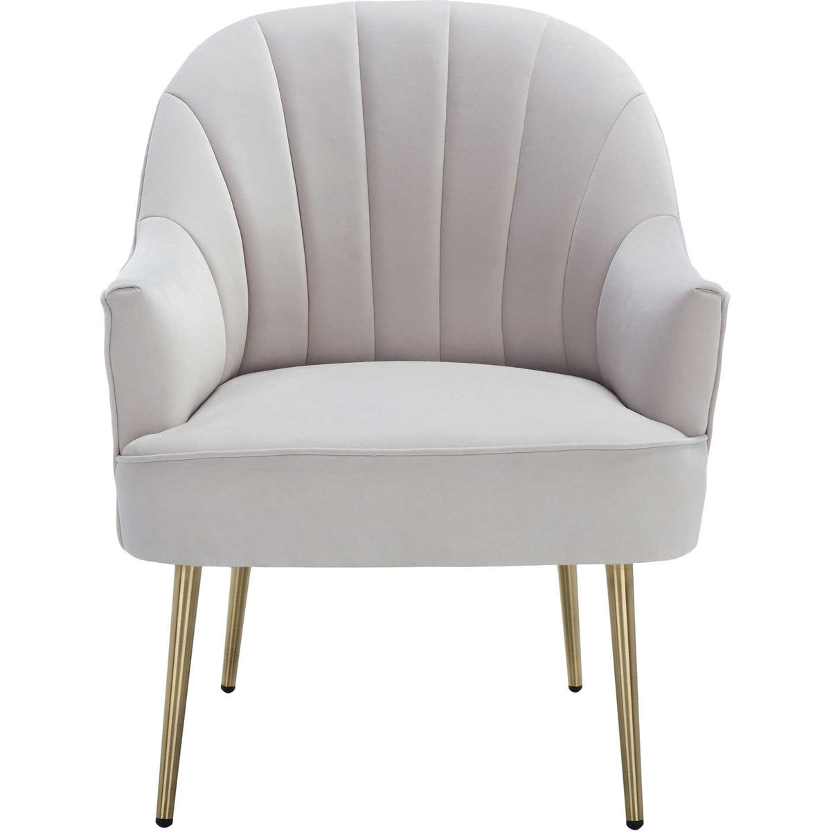 Fan-shaped channel tufting frames the cushioned seat and gently curved arms of this light gray chair. || ACH4004A || front_studio