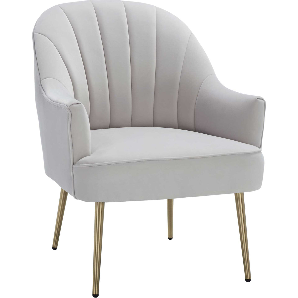 Light gray velvet accent chair with a curved, channel-tufted back and tapered gold legs. || ACH4004A || front_angle_studio