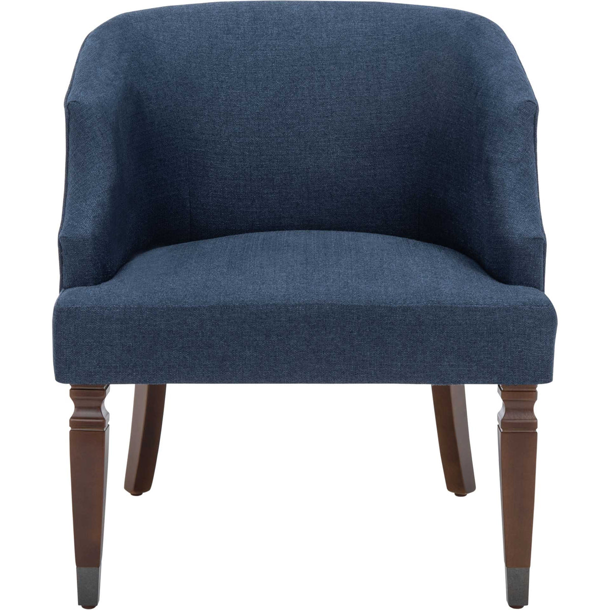 A cushioned navy seat and embracing curved back rest on wood legs with dark-capped feet. || ACH4006B || front_studio