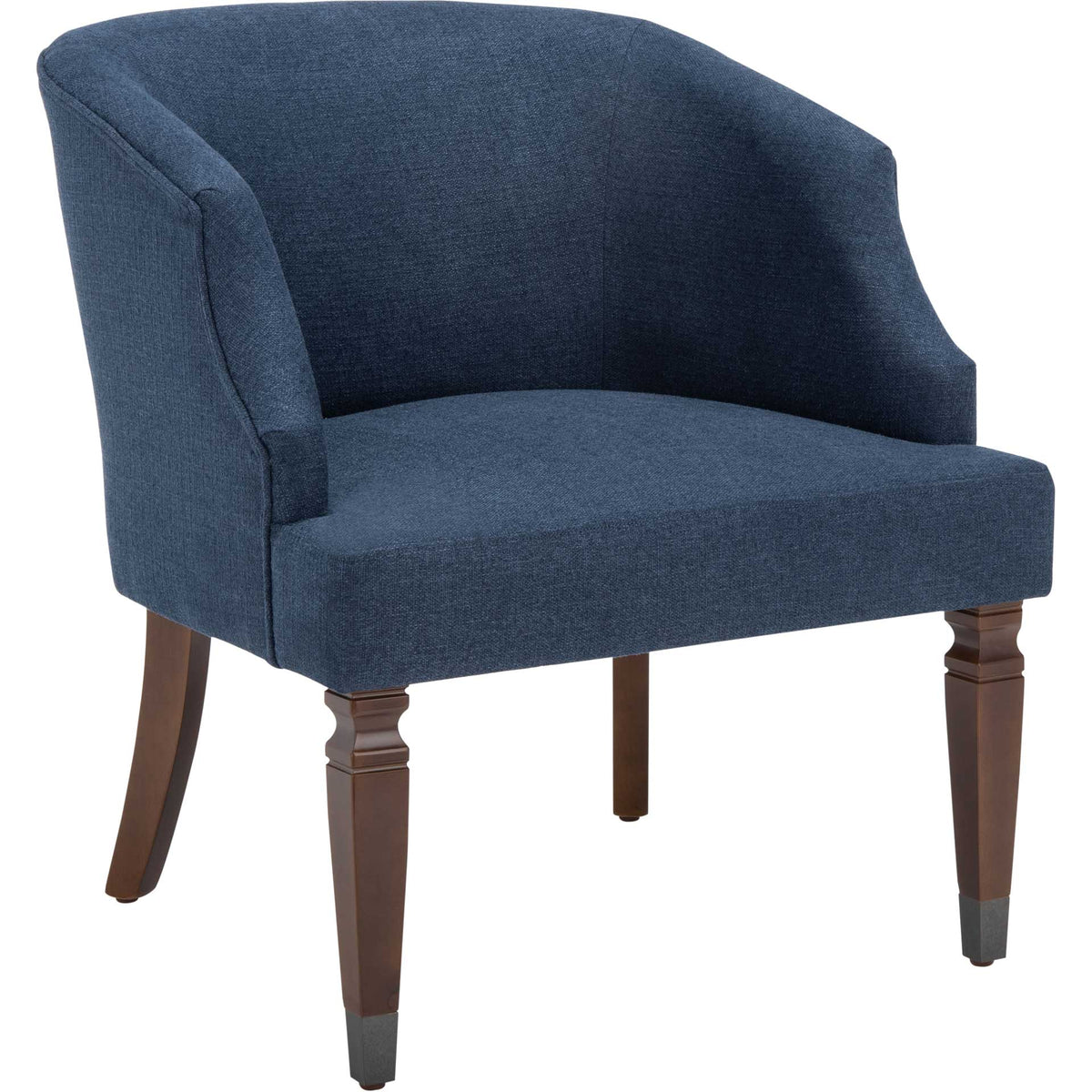 Sculpted navy upholstery curves around the seat above tapered walnut-finished wood legs. || ACH4006B || front_angle_studio