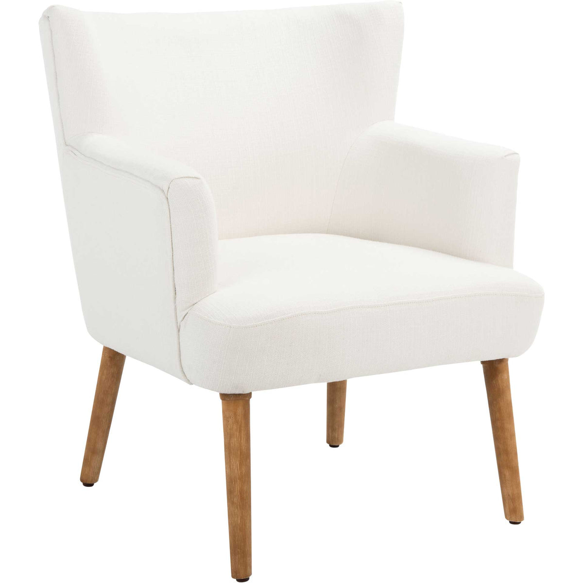 White upholstered accent chair balances a gently curved back and arms on tapered wood legs || ACH4009B || front_angle_studio