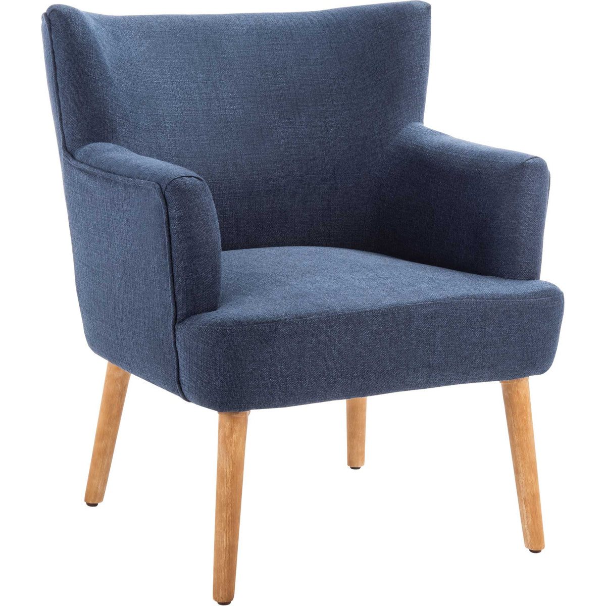 Navy upholstered accent chair combines a gently flared back, rounded arms, and splayed wood legs || ACH4009C || front_angle_studio