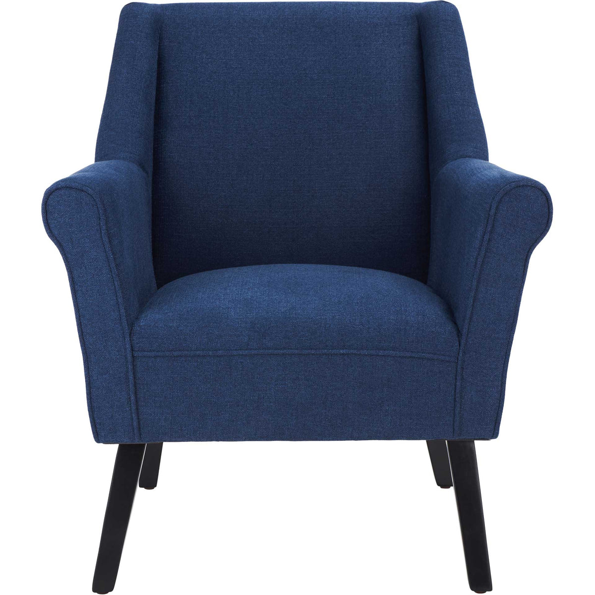 A navy accent chair features a broad back, cushioned seat, rolled arms, and tapered black legs || ACH4011A || front_studio