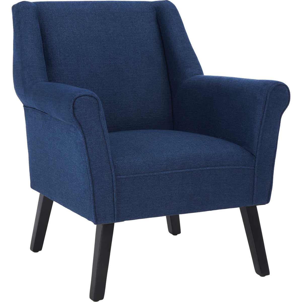 Textured navy upholstery surrounds a deep seat, with rolled arms and angled black legs || ACH4011A || front_angle_studio