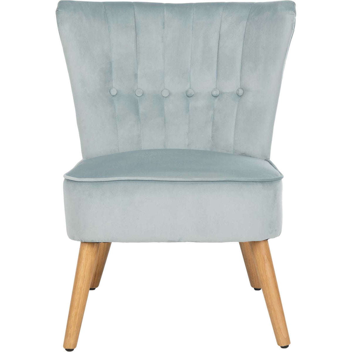 Soft blue velvet chair has a row of fabric-covered buttons and a generously cushioned seat || ACH4500A || front_studio