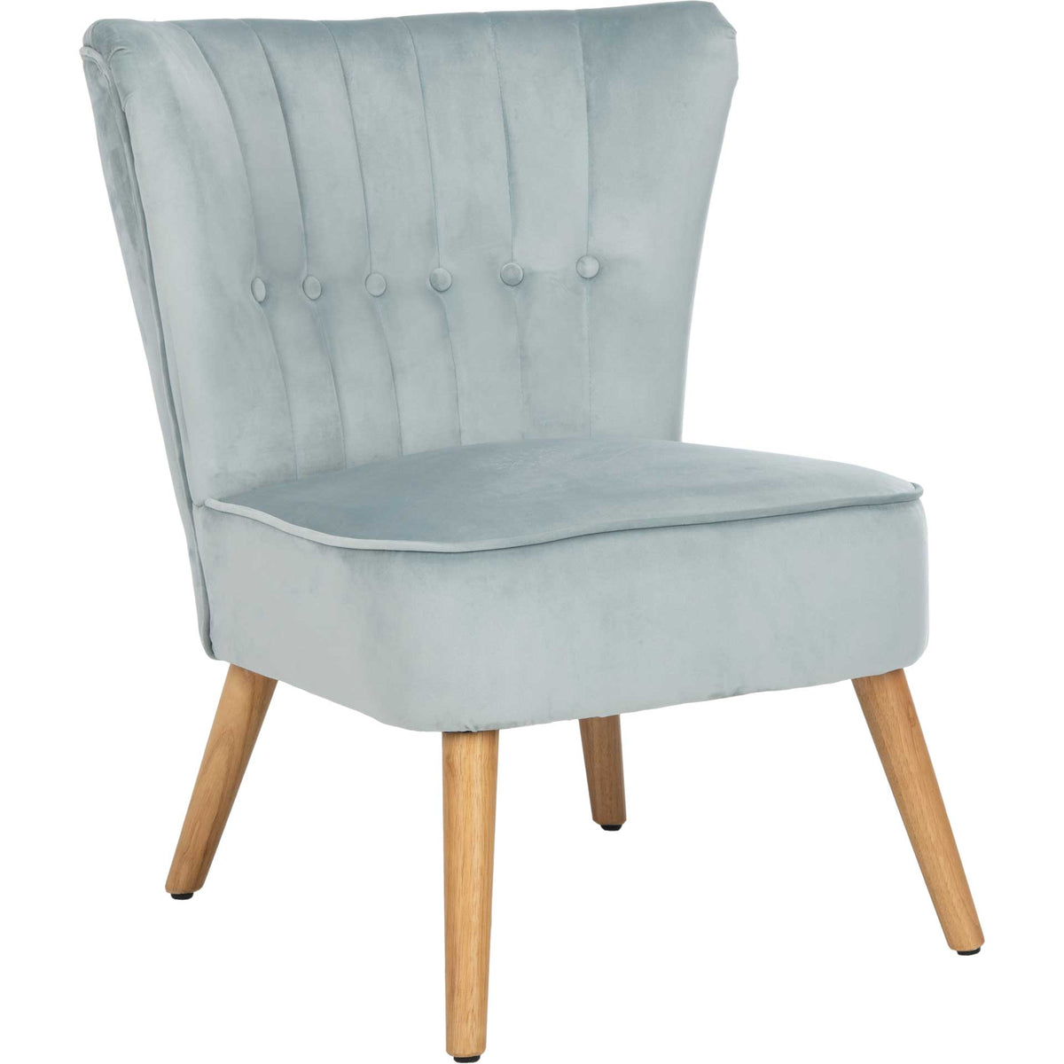 Slate blue velvet accent chair combines a flared, channel-tufted back with splayed natural wood legs || ACH4500A || front_angle_studio