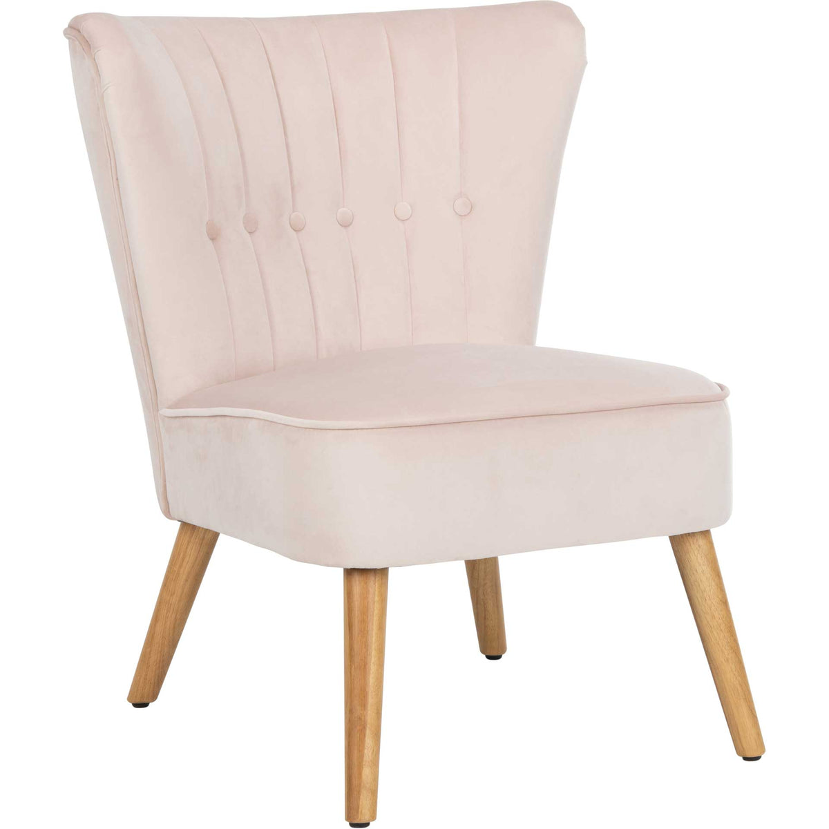 Pale pink velvet accent chair with a flared, channel-tufted back and angled natural wood legs || ACH4500B || front_angle_studio