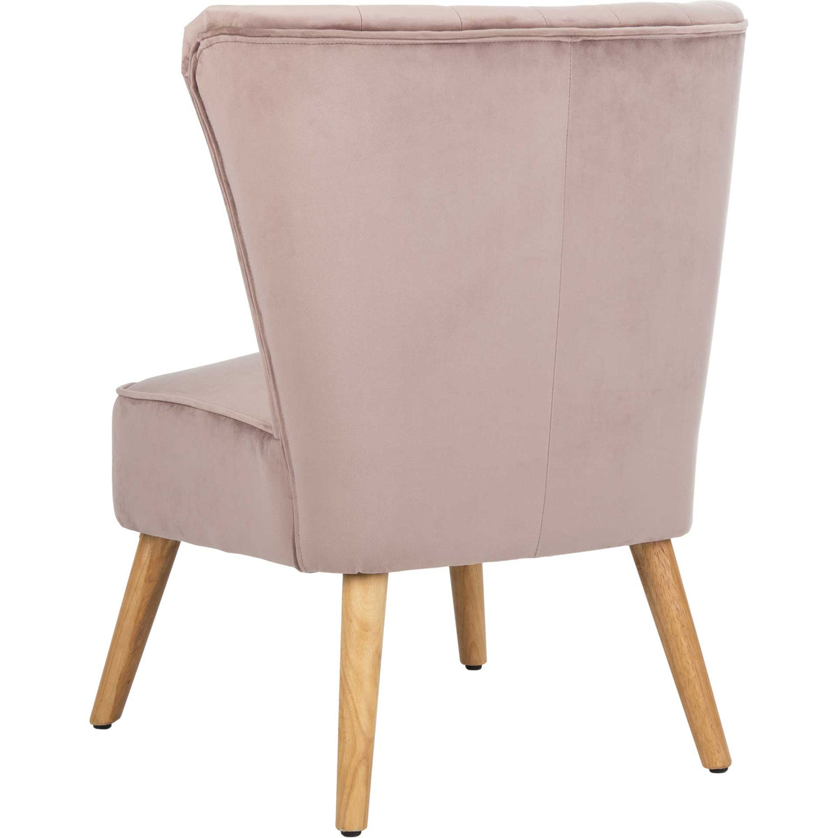 Mauve velvet upholstery wraps the broad, flared back above a thick padded seat and wood legs