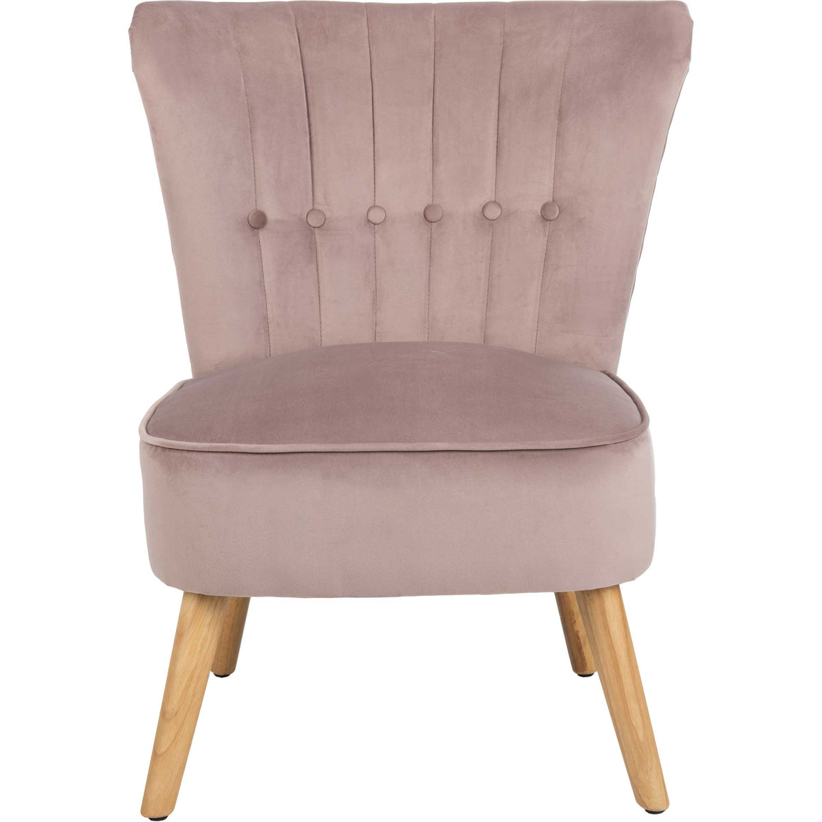 Soft mauve upholstery frames a cushioned seat and six buttons across the vertically tufted back || ACH4500C || front_studio