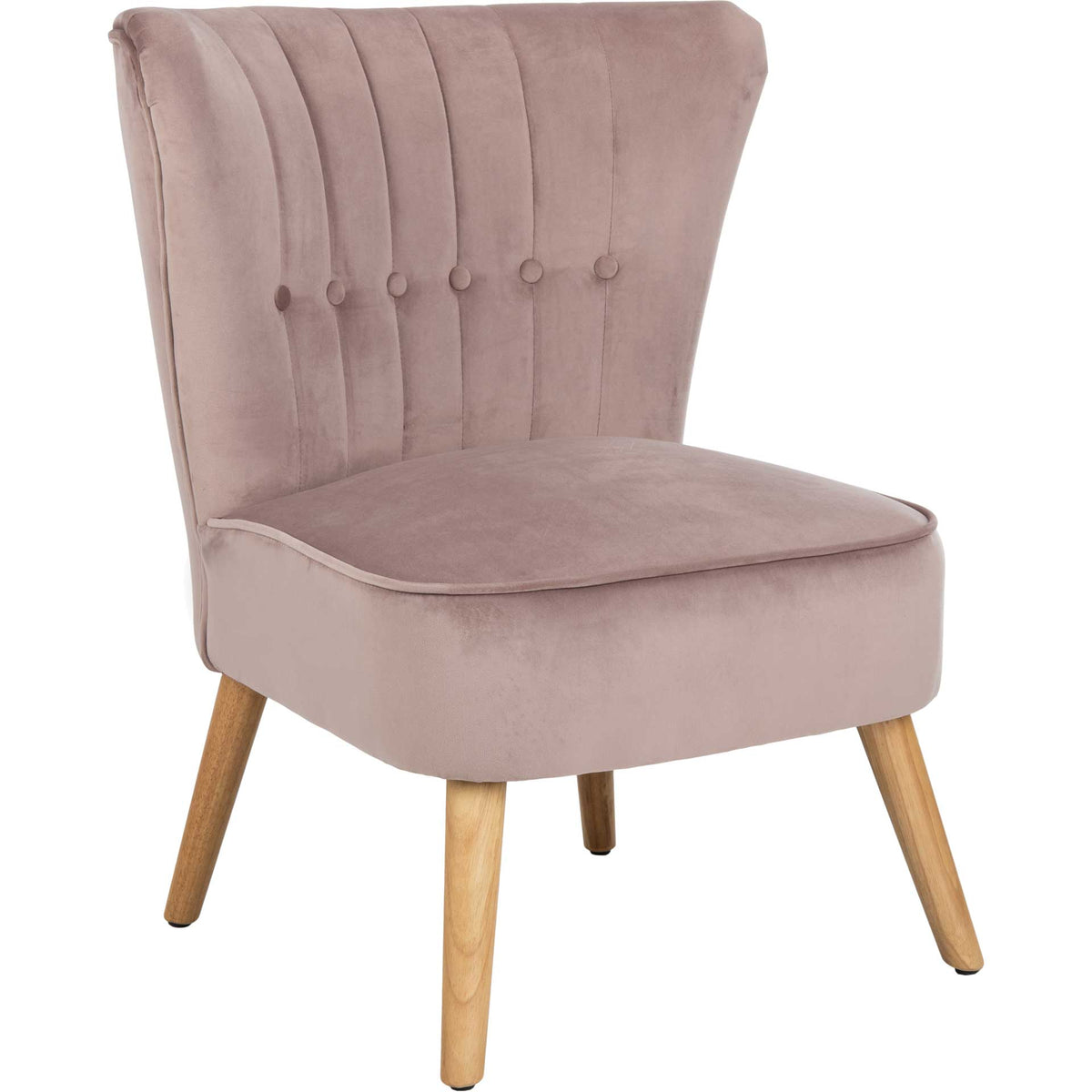 Mauve velvet accent chair with a flared, channel-tufted back and tapered natural wood legs || ACH4500C || front_angle_studio