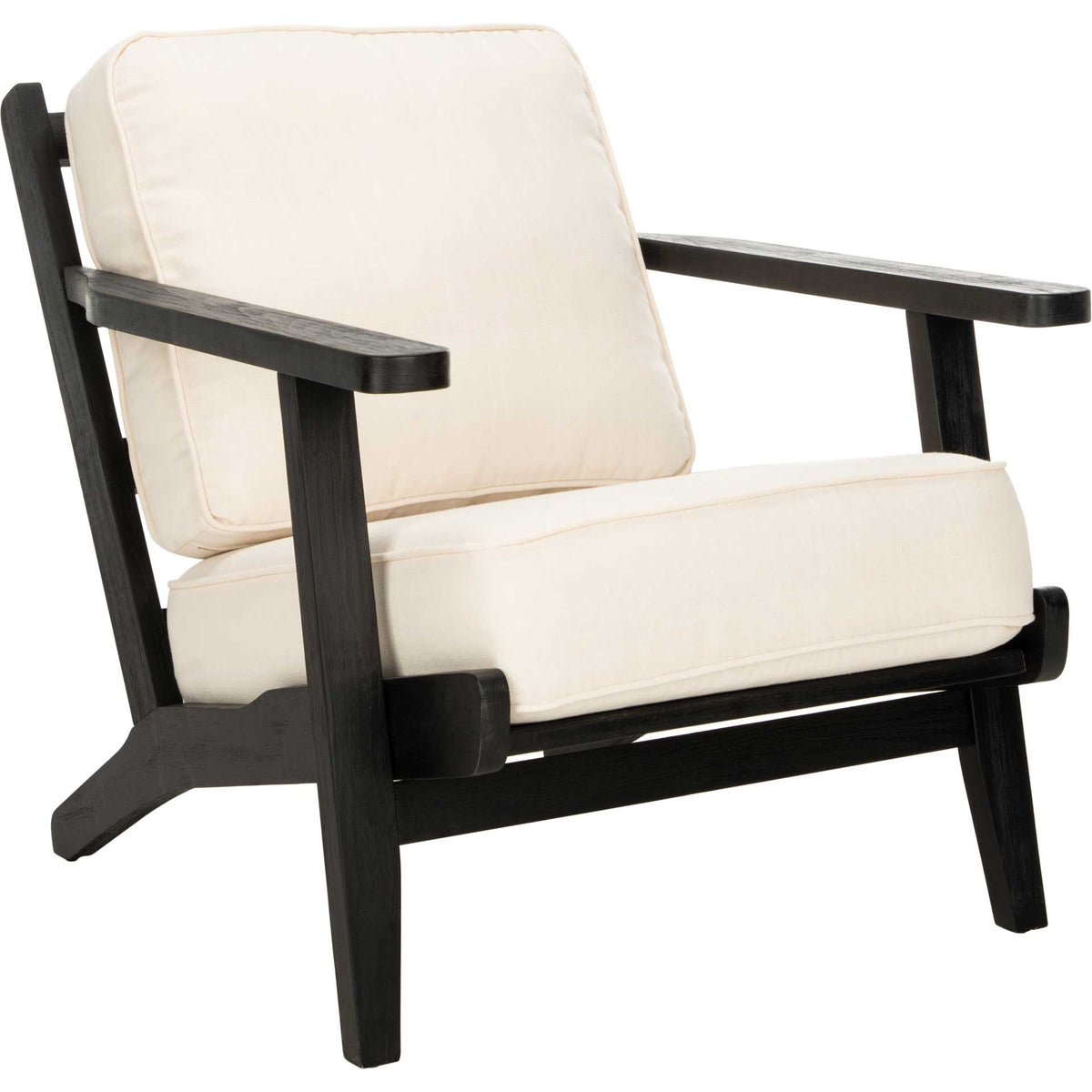 Bone-white linen cushions nestle within a black oak frame with wide, flat arms || ACH4501A || front_angle_studio