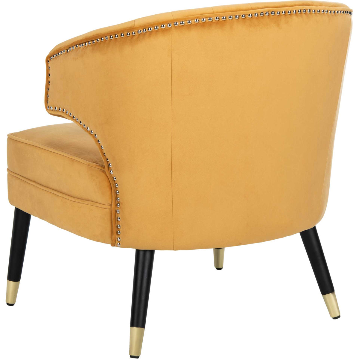 A shapely marigold velvet back and gleaming nailhead trim complement the slender gold-capped legs.