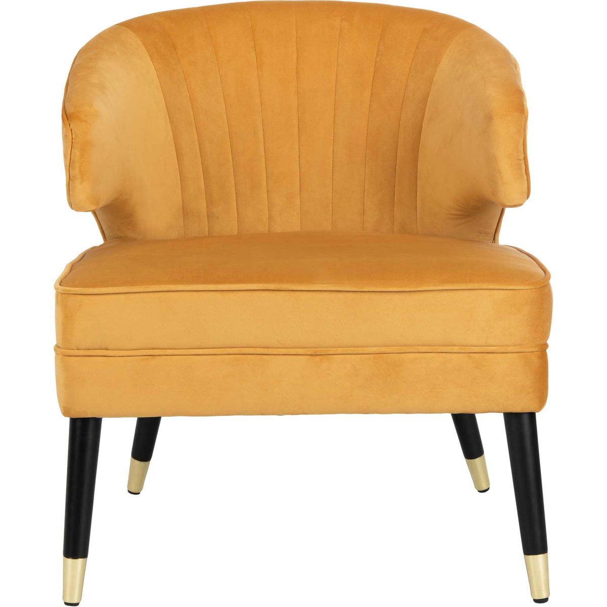 A marigold velvet chair pairs a fanlike tufted back with a wide cushioned seat and gold-tipped black legs. || ACH4502A || front_studio