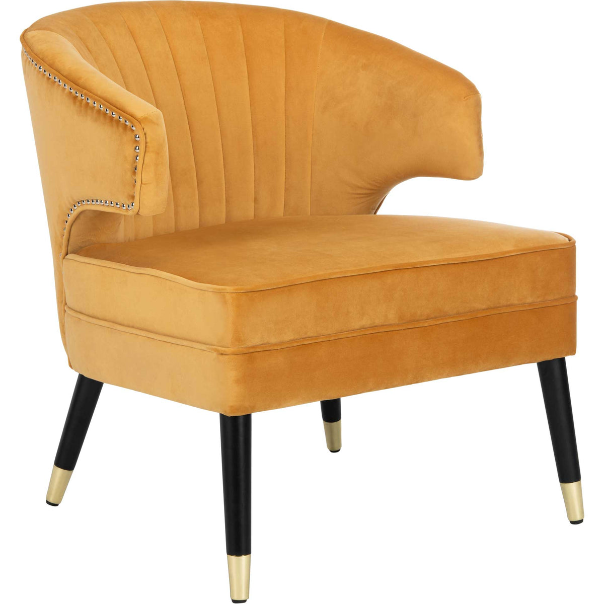 Warm marigold velvet envelops a sweeping, channel-tufted back and plush seat. || ACH4502A || front_angle_studio