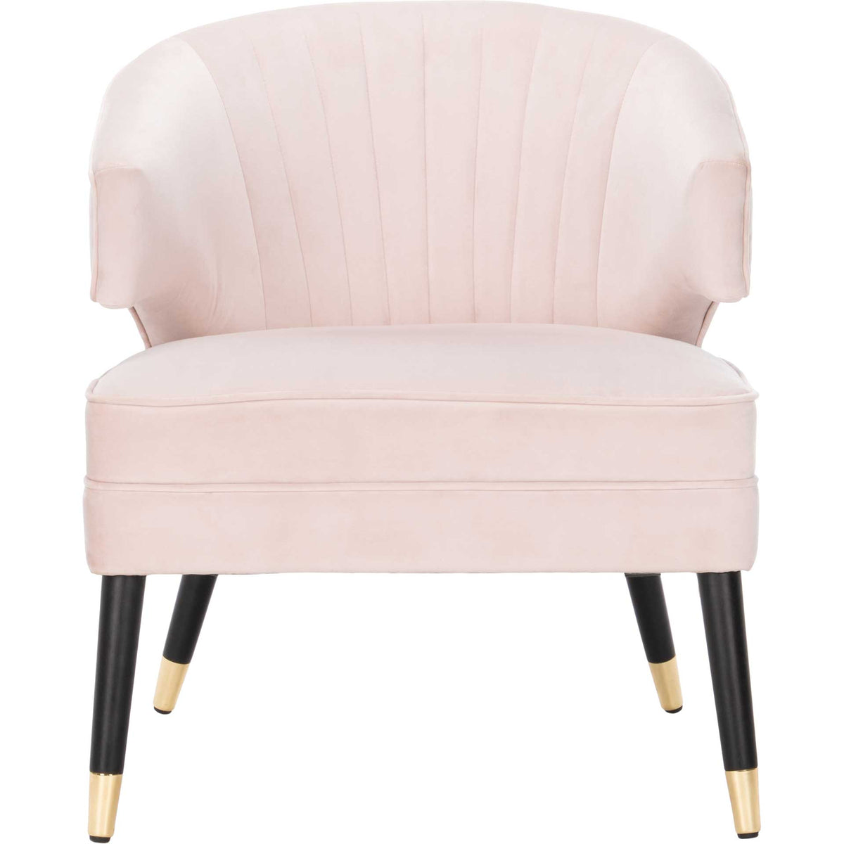 A blush pink velvet chair features a wide cushioned seat, softly curved arms, and a channel-tufted back. || ACH4502B || front_studio