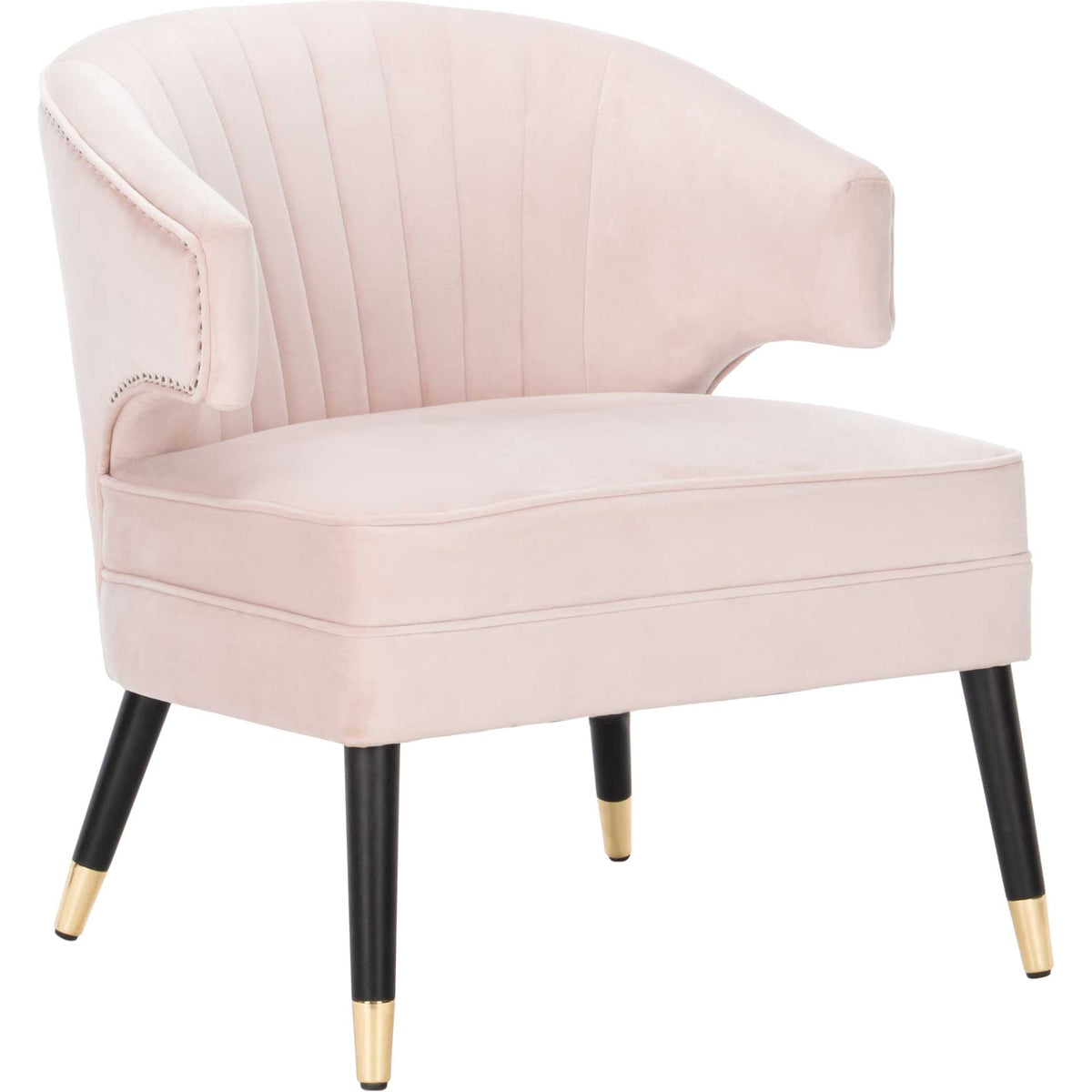 A sculptural blush velvet back curves around the padded seat above black, gold-tipped legs. || ACH4502B || front_angle_studio