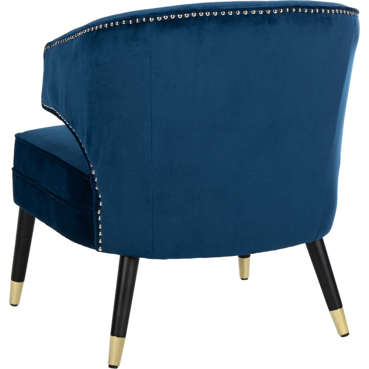 A sculptural navy velvet back is edged with nailheads and supported by tapered gold-capped legs.