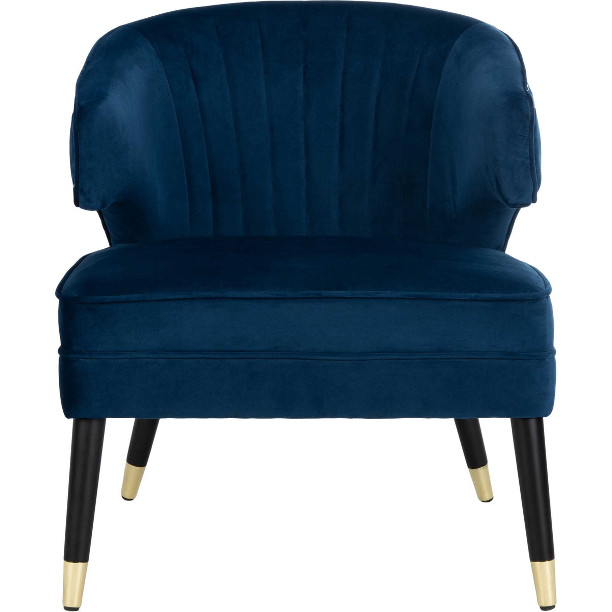A navy velvet chair pairs a broad tufted back and plush seat with black, gold-tipped legs. || ACH4502C || front_studio