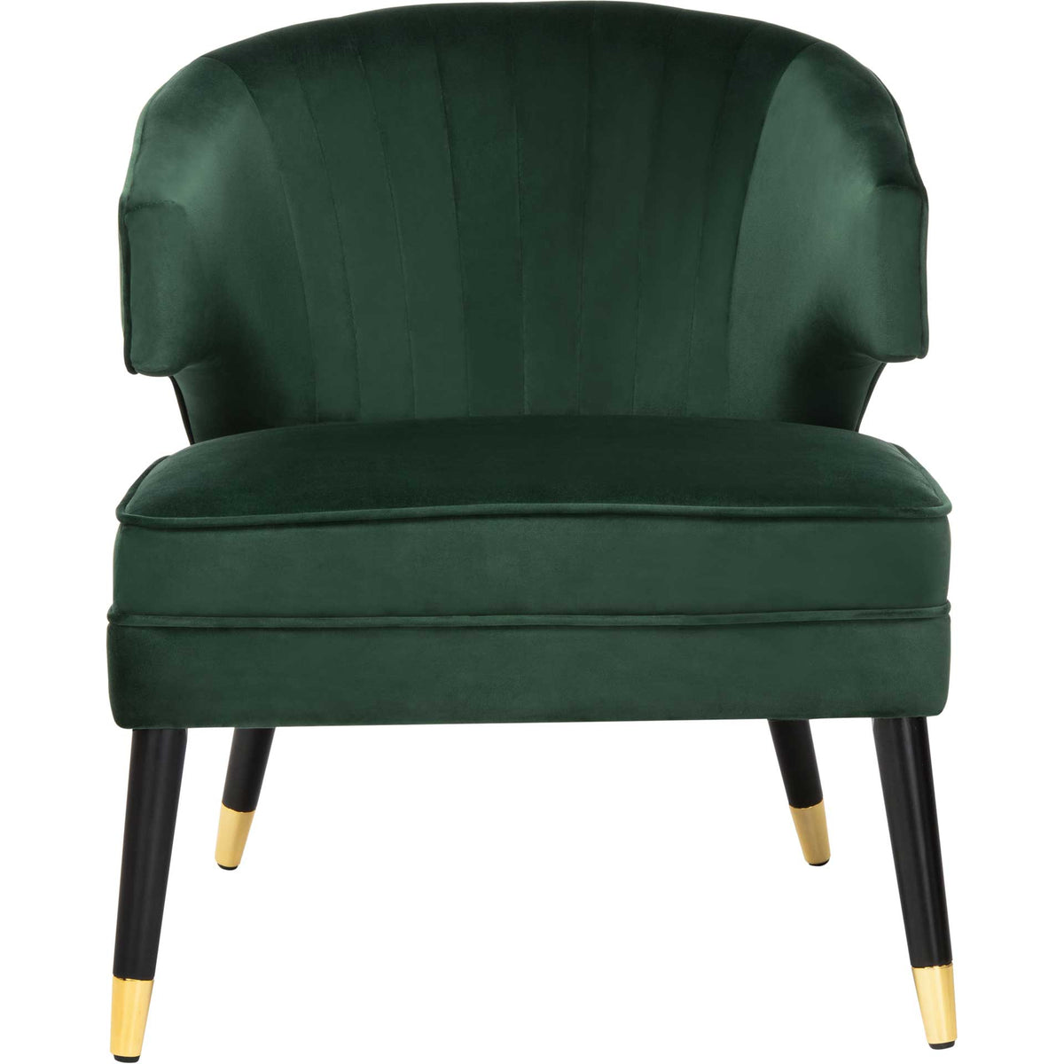 A forest green velvet chair pairs a fan of channel tufting with a cushioned seat and slender black legs. || ACH4502D || front_studio