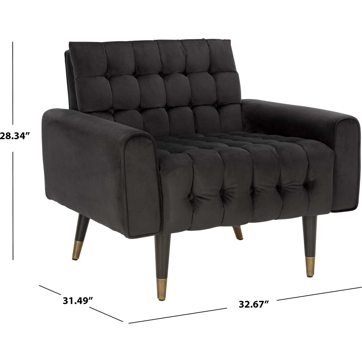 Deeply tufted velvet chair measures 32.67 inches wide, 31.49 inches deep, and 28.34 inches high.
