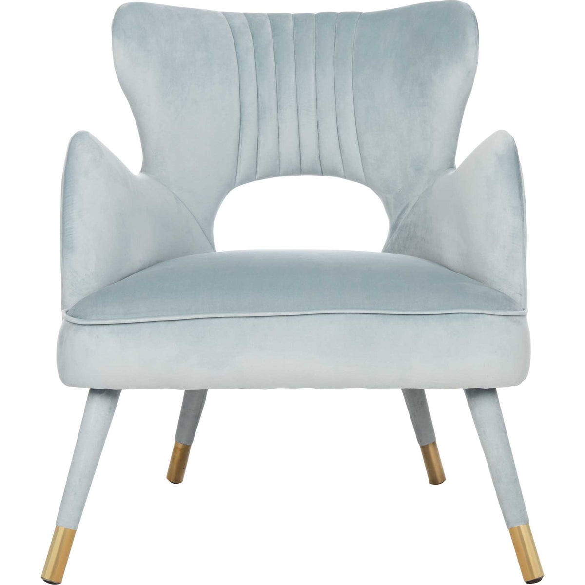 A plush slate blue seat sits beneath a winged back with vertical channels and a bold cutout || ACH4504C || front_studio
