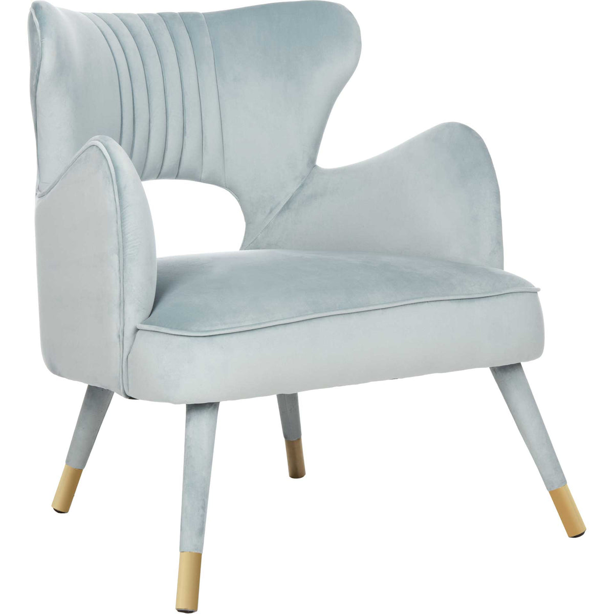 Soft slate blue velvet chair with channel tufting, flowing arms, and tapered gold-tipped legs || ACH4504C || front_angle_studio