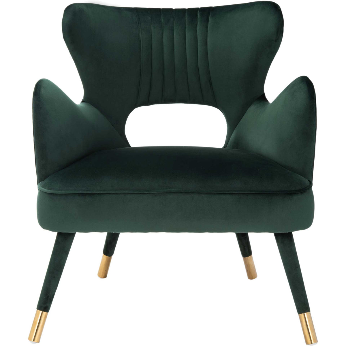 Forest green wingback chair pairs a cushioned seat with a cutout back and gold leg caps || ACH4504D || front_studio