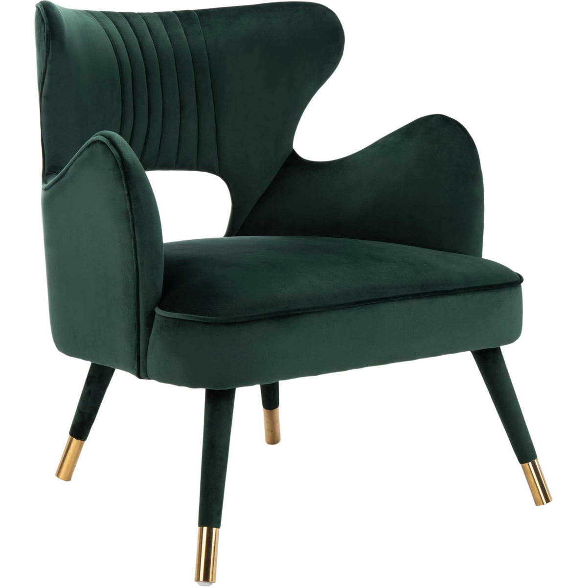 Forest green velvet accent chair with channel tufting, sculpted arms, and gold-capped tapered legs || ACH4504D || front_angle_studio