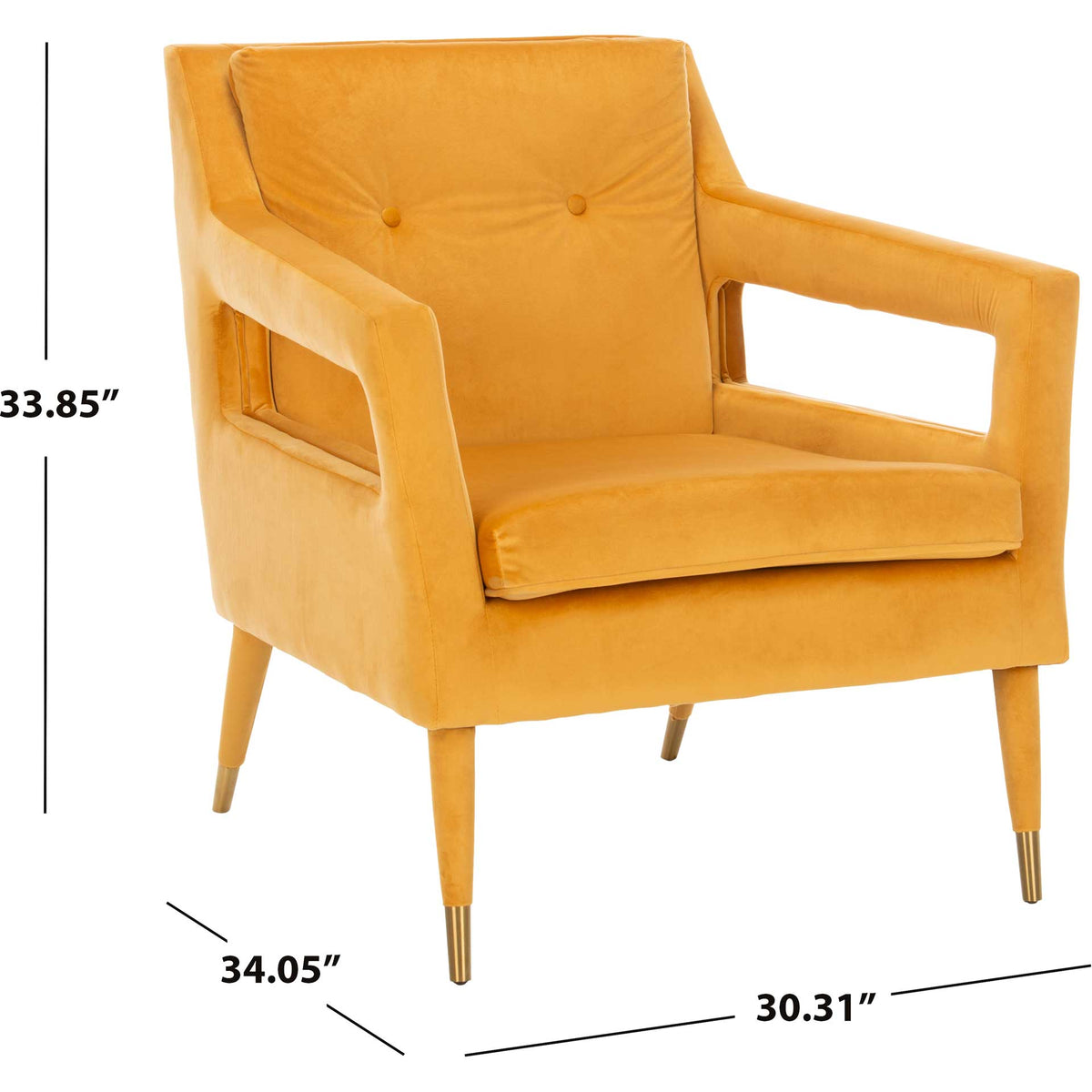 A marigold velvet chair measures 34.05 by 30.31 inches and stands 33.85 inches high.