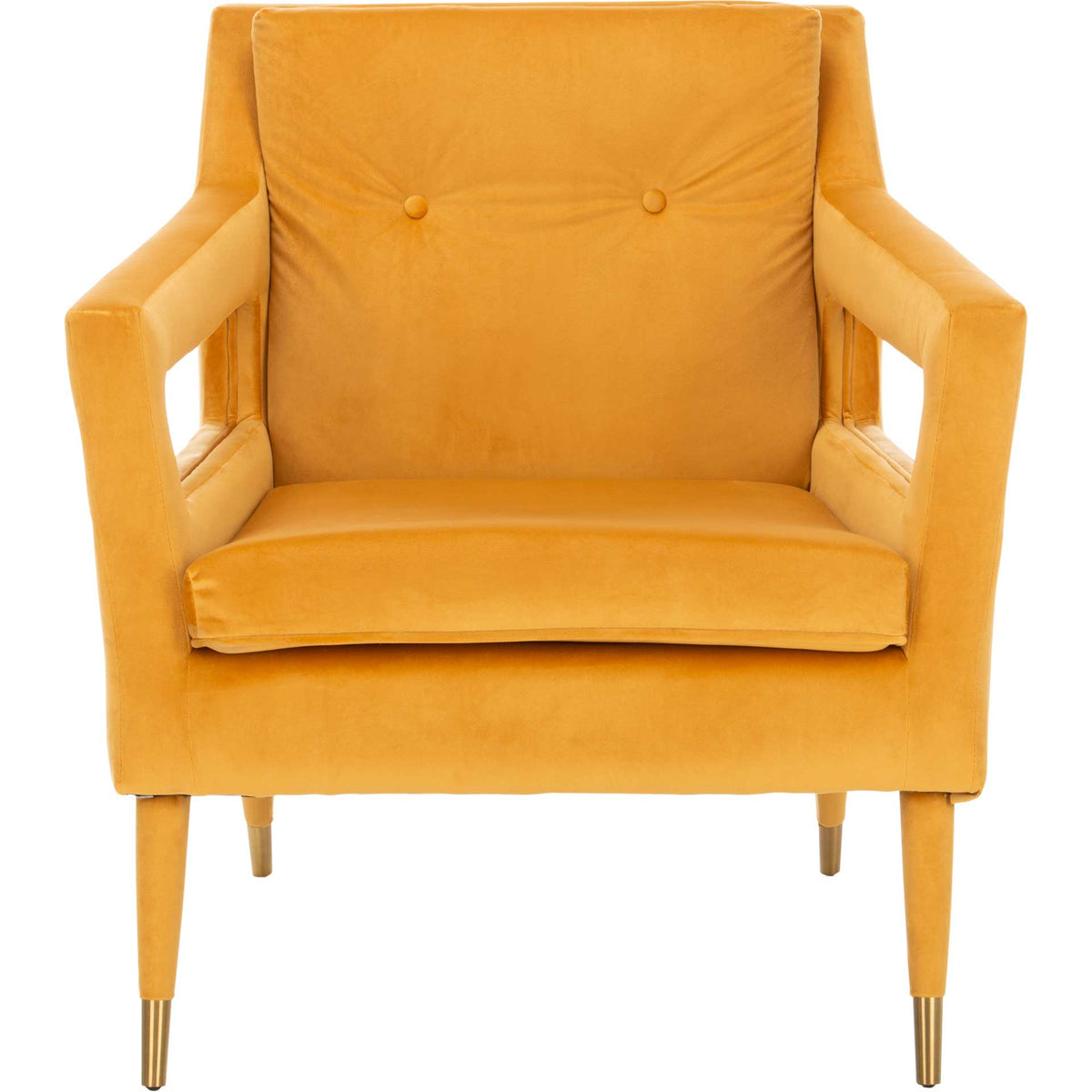Soft marigold velvet, two button tufts and cutout arms give this accent chair a tailored look. || ACH4505B || front_studio