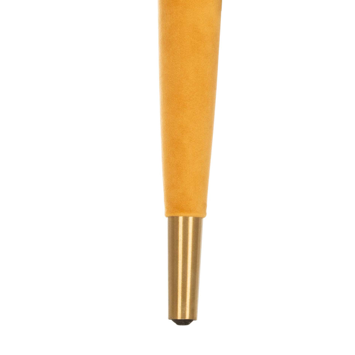 A slender marigold velvet-covered leg finishes in a polished gold metal cap.